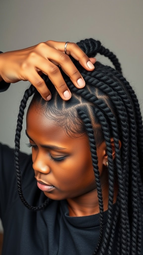 A close-up of a person with medium knotless box braids, showcasing the intricate details and styling.