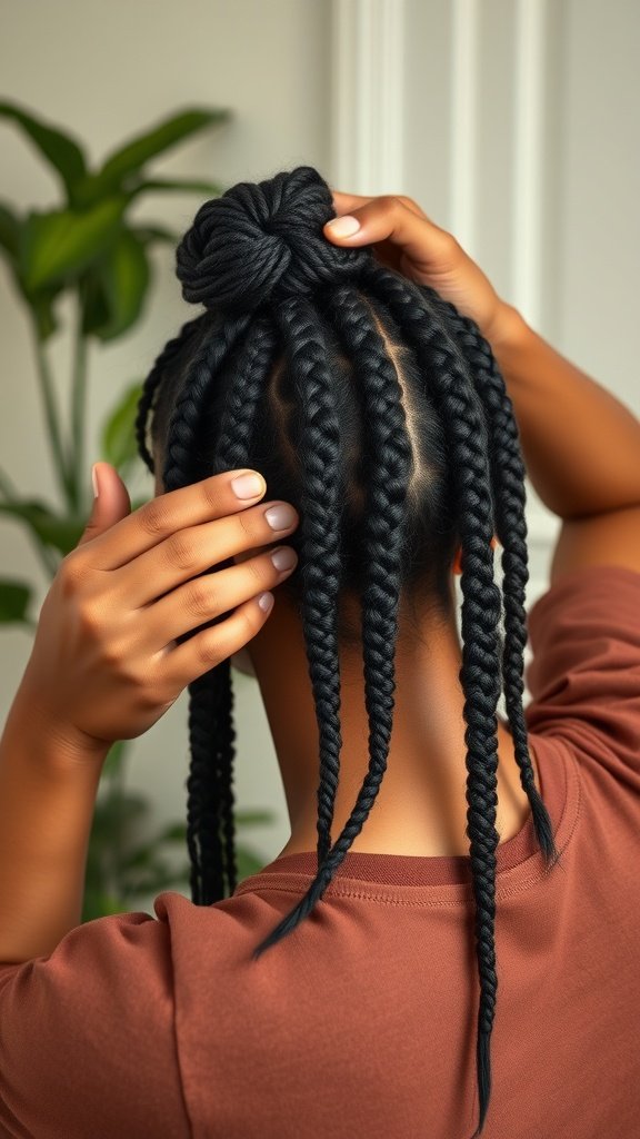 A person showcasing medium knotless braids styled in a bun, with a focus on hair maintenance and styling options.