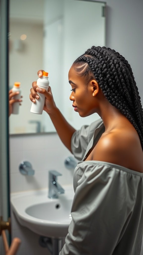 A woman applying a hair product to her large boho knotless braids in front of a bathroom mirror.