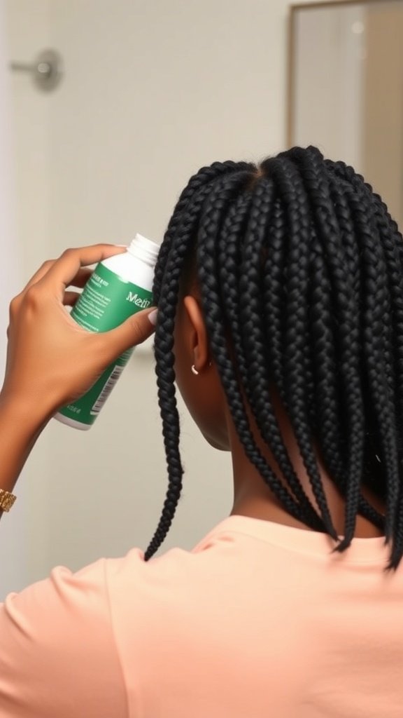 Person applying product to small knotless box braids