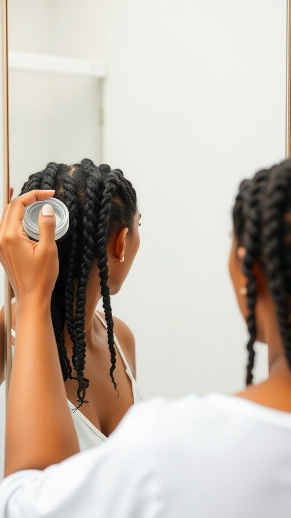 A person applying product to their small knotless braids in front of a mirror.