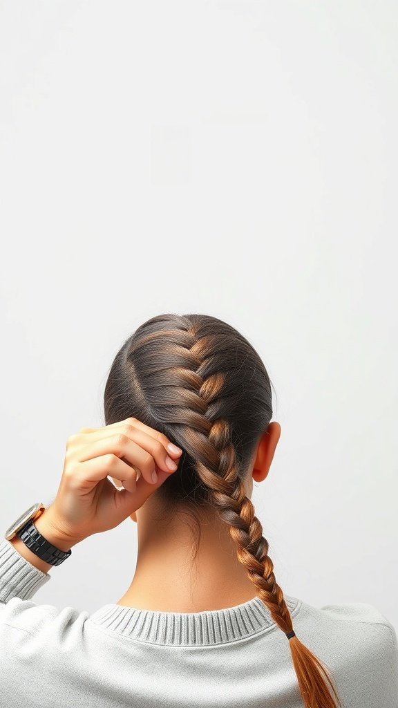 A person holding their braid, demonstrating the technique of maintaining tension while braiding.