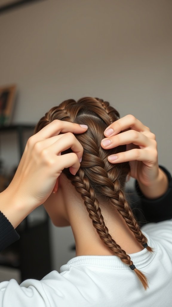 A person adjusting their knotless braids, demonstrating the importance of maintaining tension.