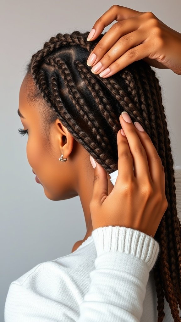 A close-up of a person maintaining brown knotless braids, showcasing neatness and shine.