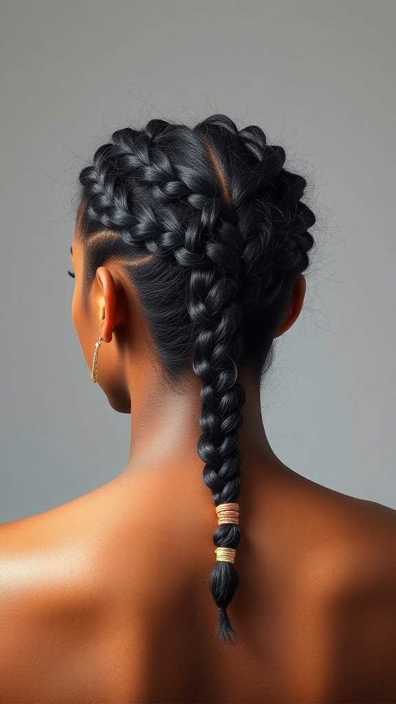 A close-up view of honey brown knotless braids styled elegantly.