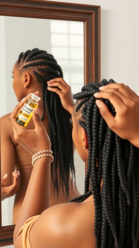 A person applying oil to their knotless box braids while looking in a mirror.
