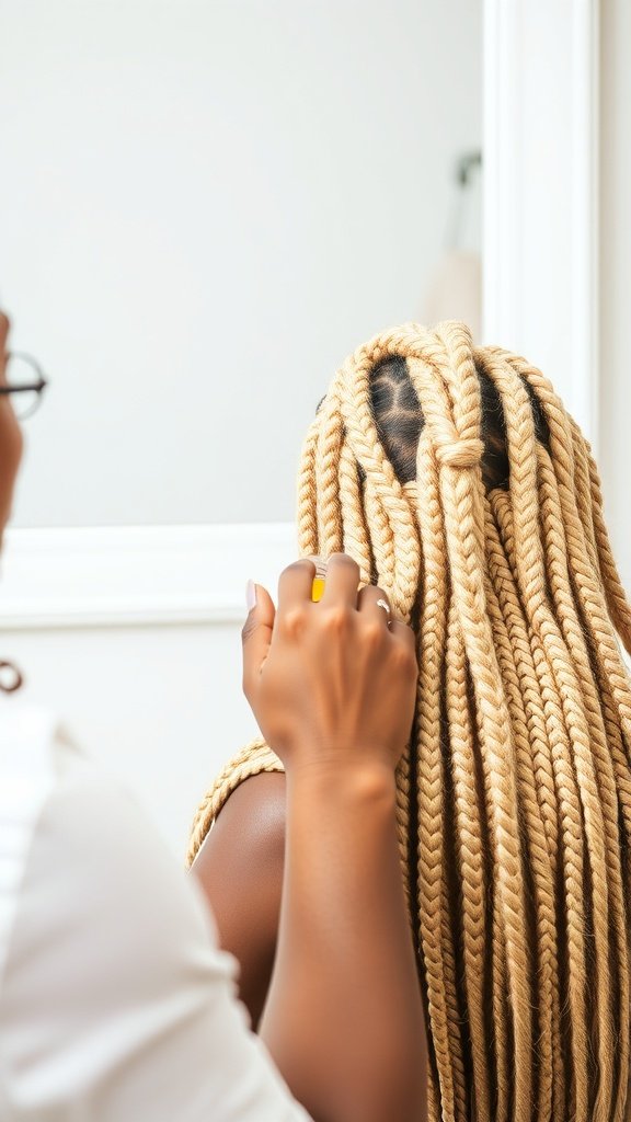 A close-up of a person with blonde knotless box braids being styled.