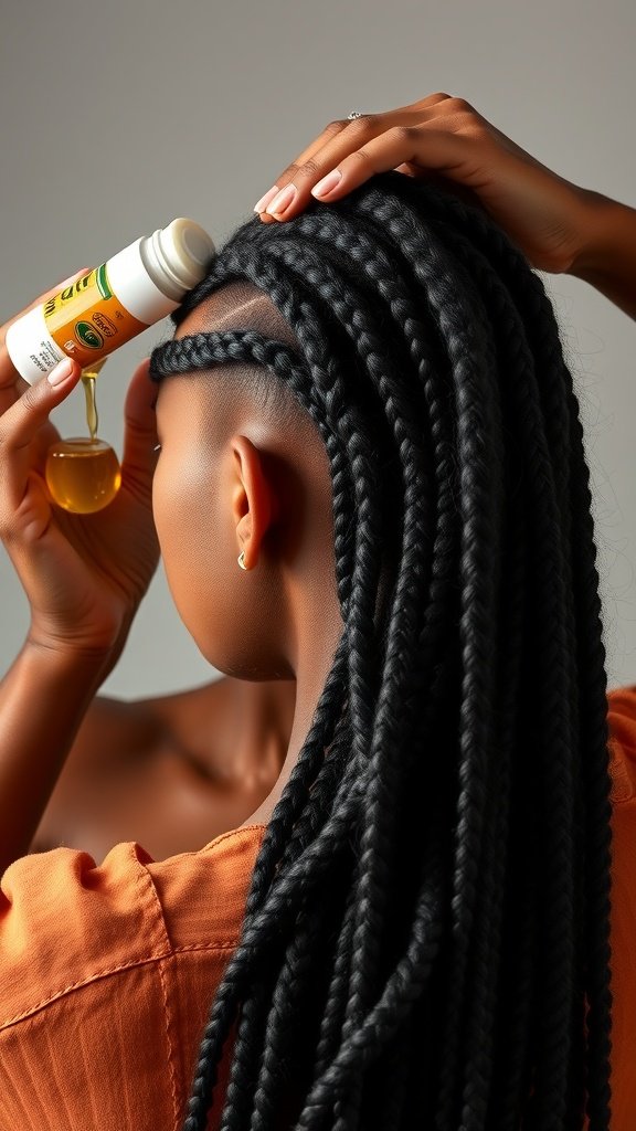 A person applying oil to large boho knotless braids, demonstrating hair care.