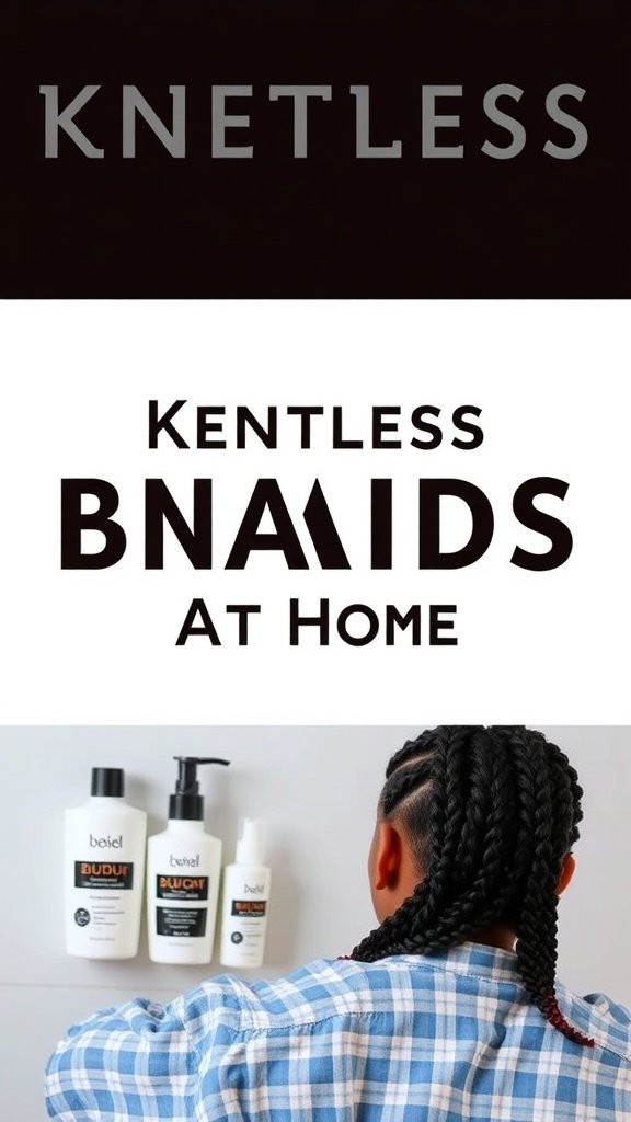 Image of a person preparing to maintain knotless braids at home with hair products.