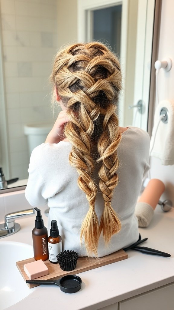 A person with blonde boho knotless braids, showcasing a stylish hairstyle in a bathroom setting.