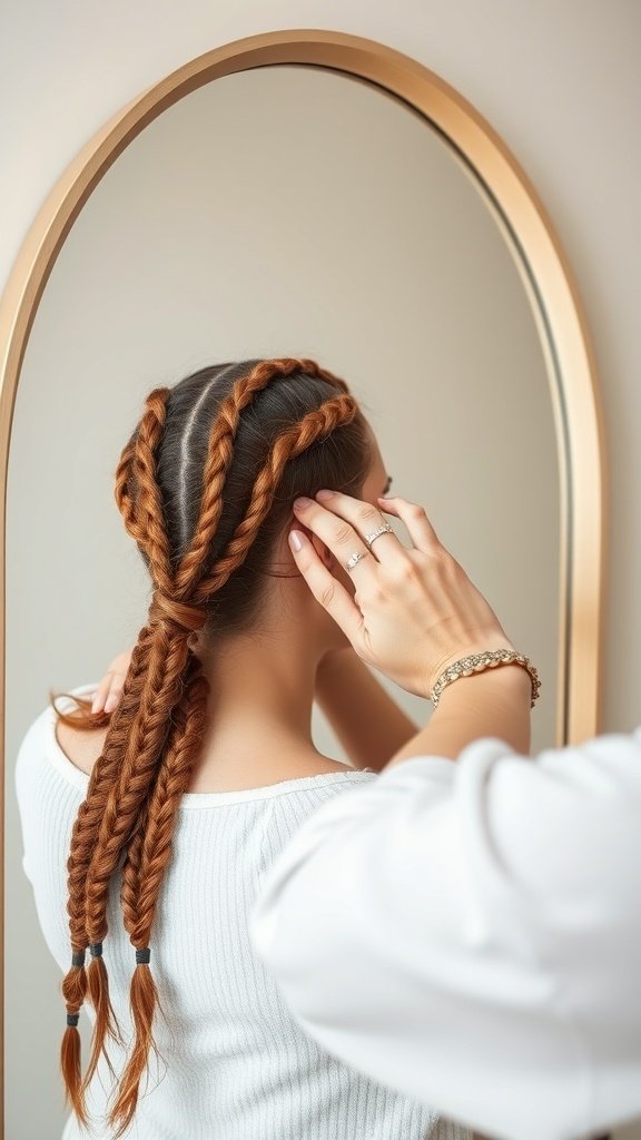 A person with ginger knotless braids, adjusting their hair in front of a mirror.