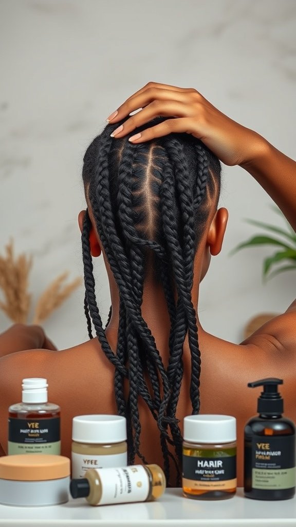 A person with knotless braids, showcasing hair care products for maintenance.