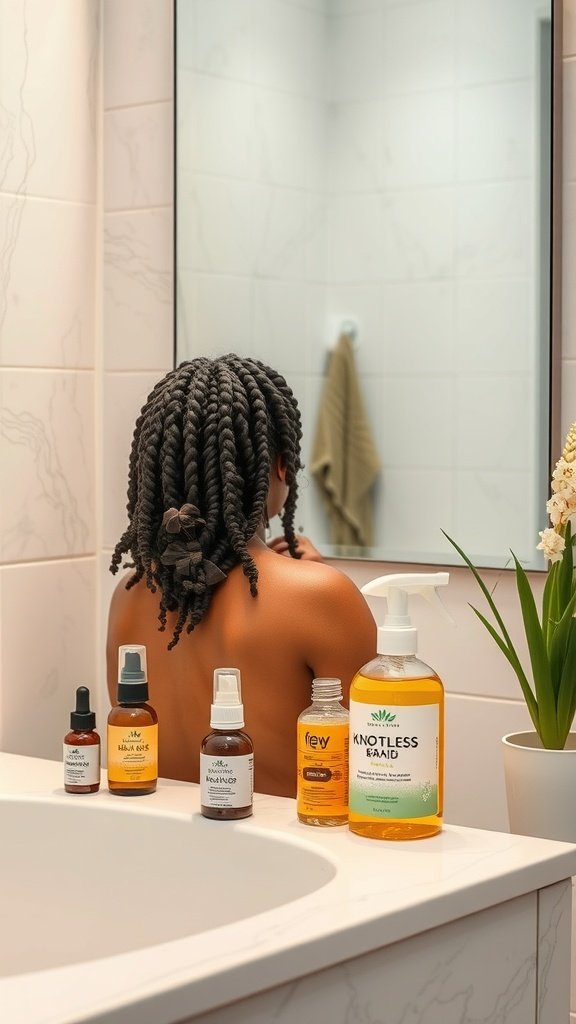 A person with knotless braids in front of a mirror, surrounded by hair care products.