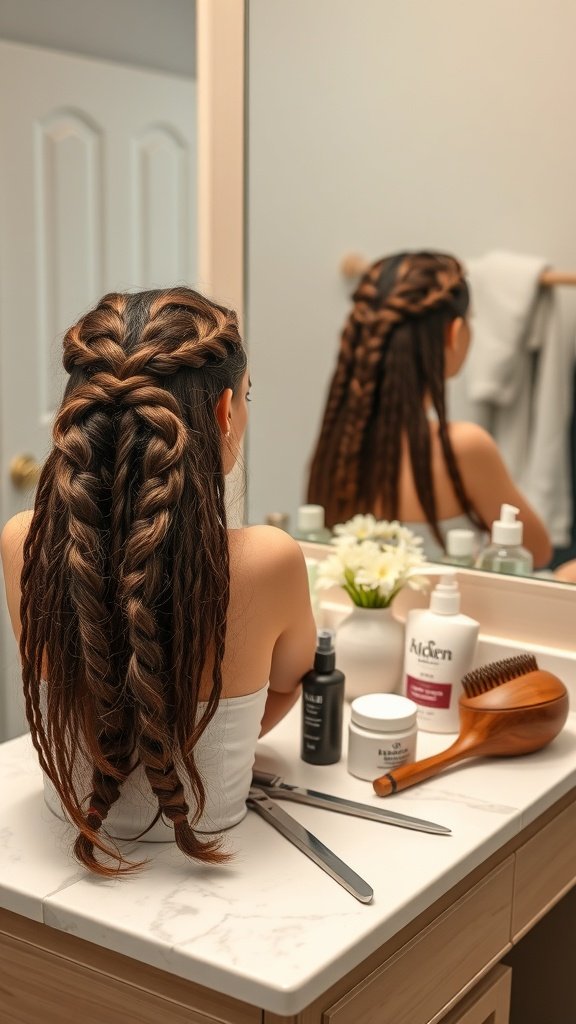 A woman with knotless boho braids styled in a mirror reflection, showcasing hair care products on a vanity.