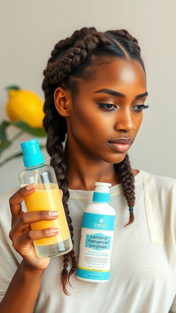 A model with lemonade braids holding hair care products for maintenance
