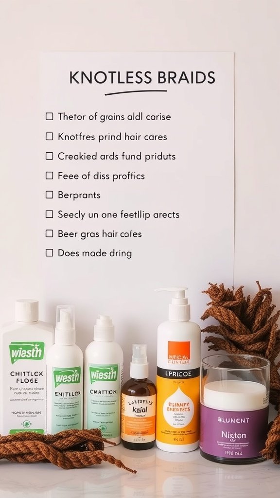 A collection of hair care products for maintaining knotless braids, including conditioners and oils.