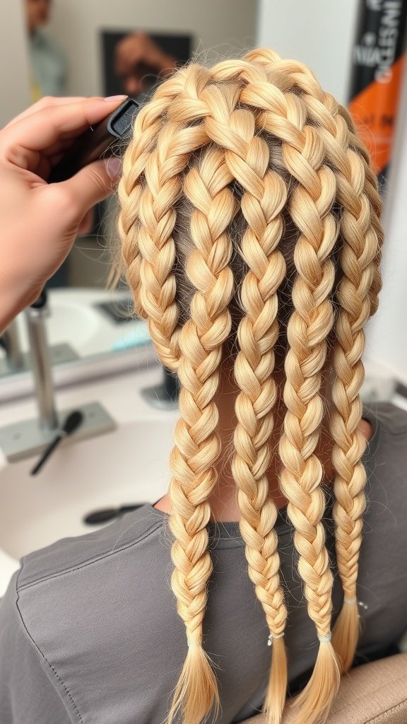 A close-up of blonde knotless braids being styled, showcasing the intricate pattern and neatness.
