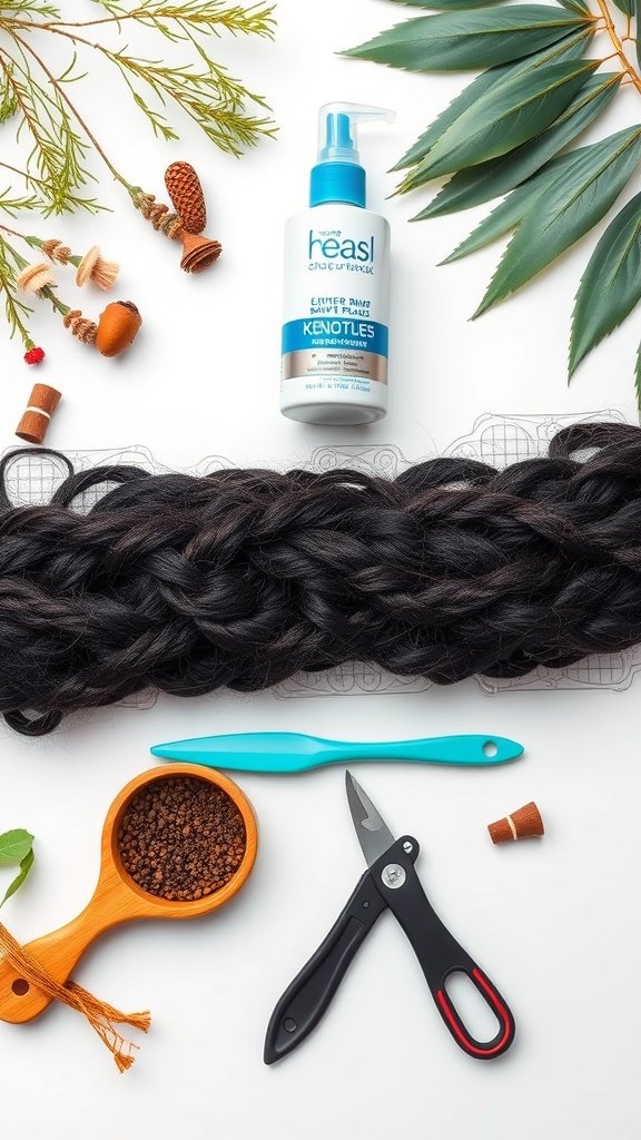 Image showing knotless braids with hair care products and tools for maintenance.