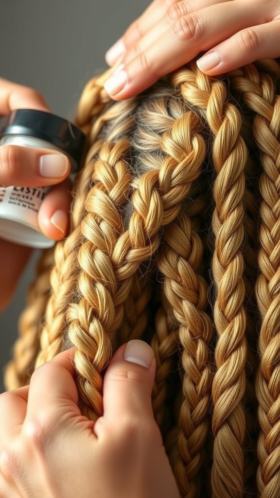 A close-up of hands applying product to honey blonde knotless braids, showcasing the intricate braiding technique.