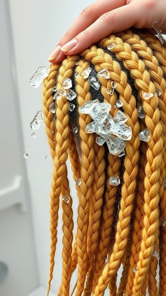 A close-up of honey blonde knotless braids with ice cubes, showcasing their texture and shine.