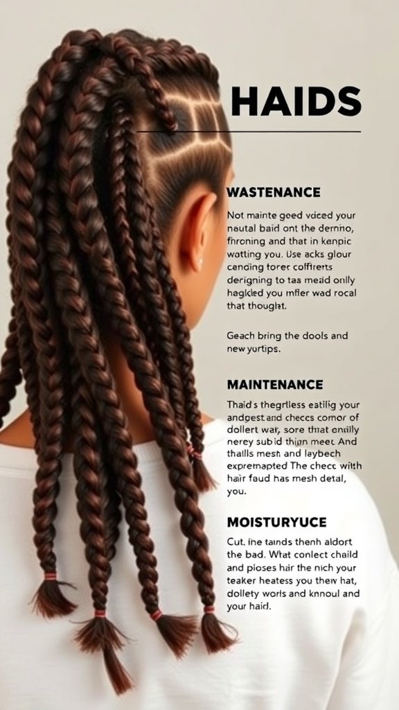 A close-up of honey brown knotless braids styled neatly.