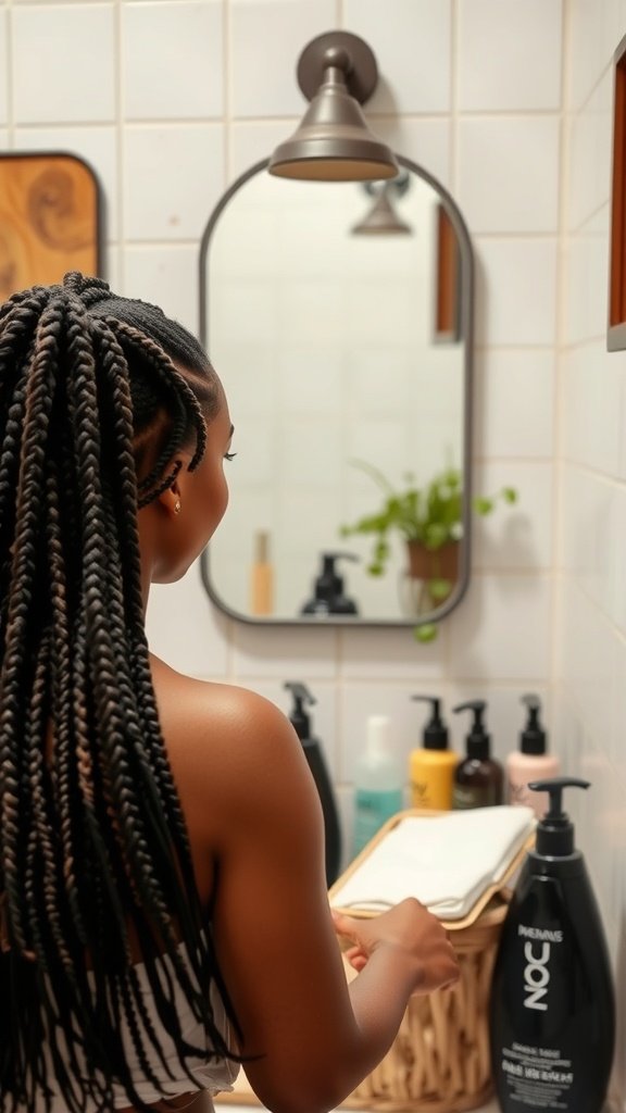 A person with knotless box braids looking in the mirror while holding a towel, surrounded by hair care products.
