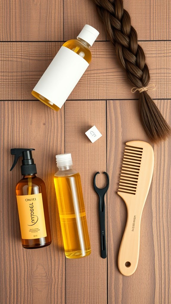 Image showing tools for maintaining knotless braids, including oils, a comb, and a styling tool.