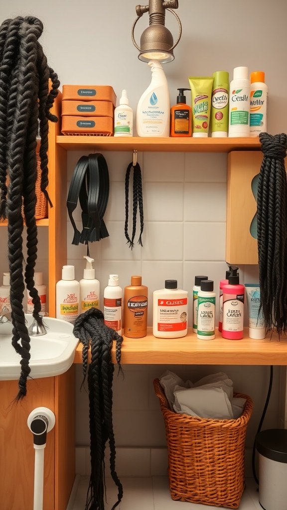 A shelf filled with various hair care products for maintaining knotless braids.