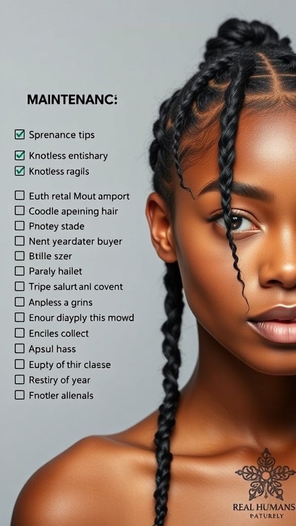 A close-up of a woman with knotless braids, showcasing maintenance tips for braids.