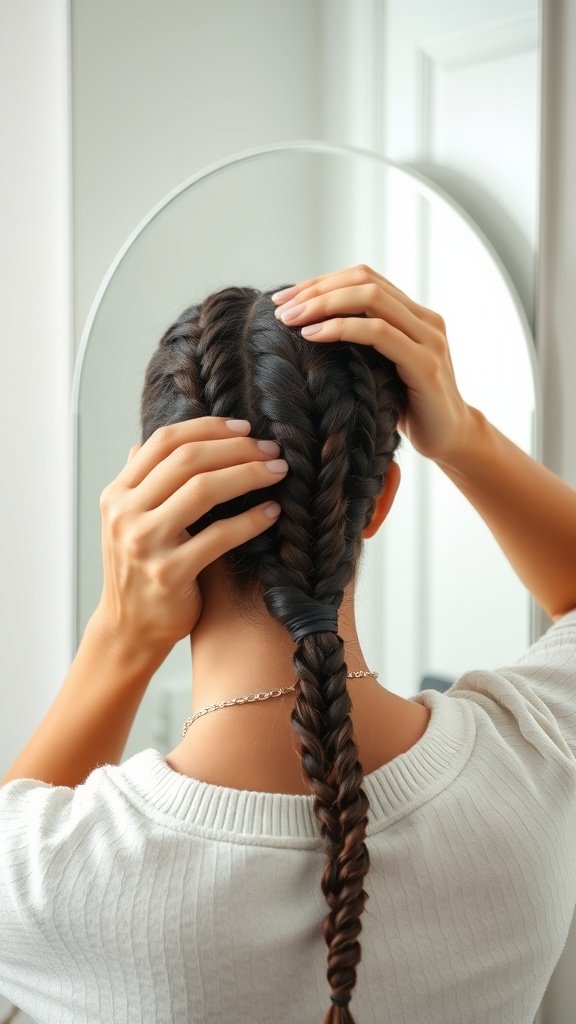 A person adjusting their knotless braids in front of a mirror, showcasing the maintenance of braided hairstyles.