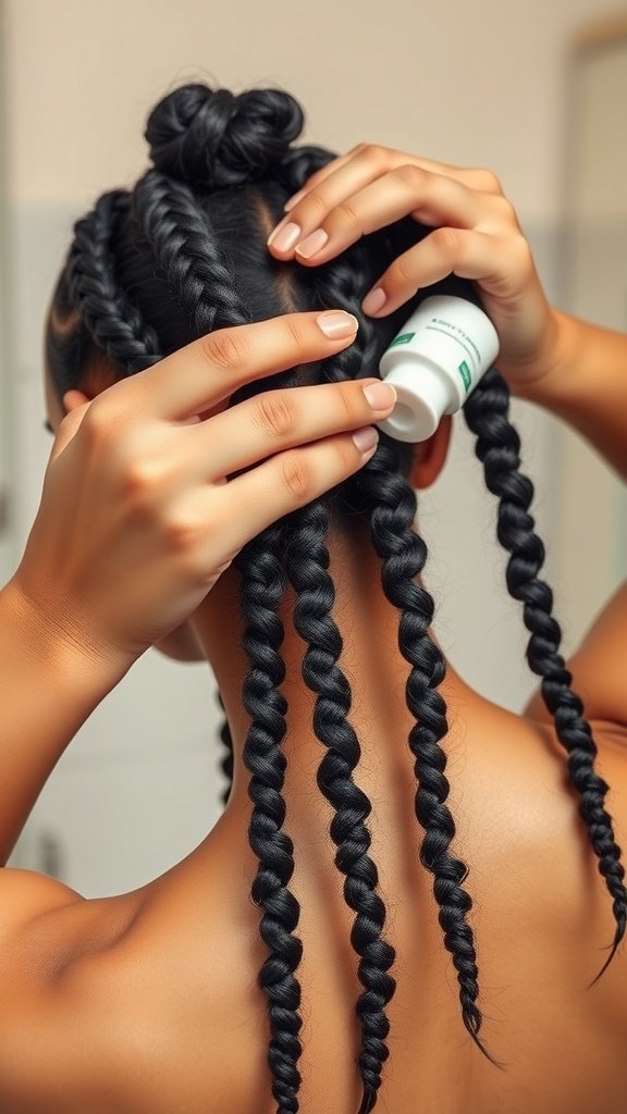 A close-up of a person applying product to their knotless braids, showcasing the maintenance of a boho bob hairstyle.
