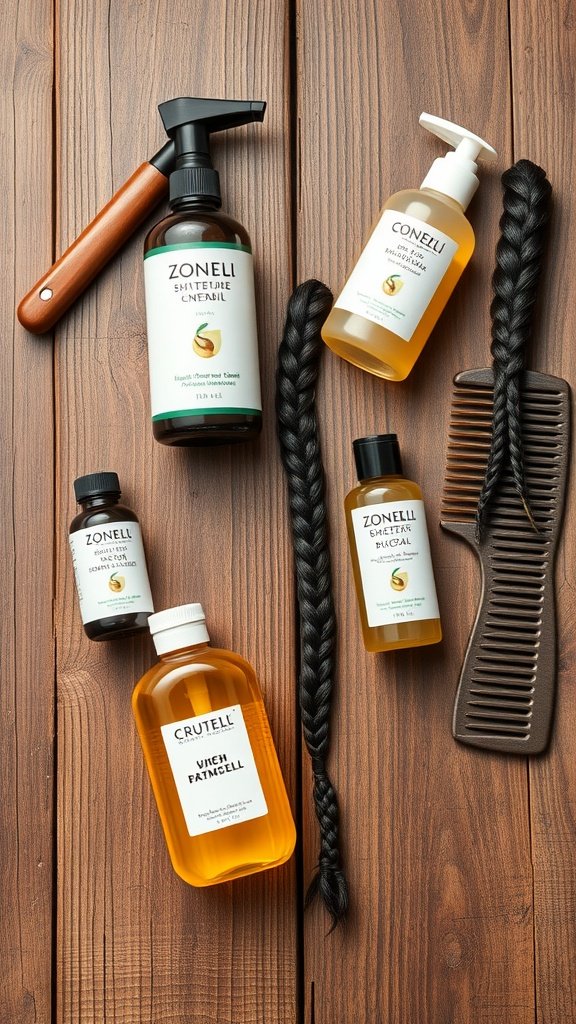 A collection of hair care products for maintaining knotless braids on a wooden surface.