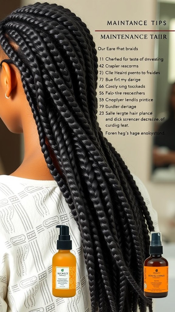 A woman with large knotless box braids, showcasing maintenance tips and hair care products.