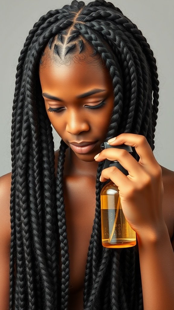 A woman with large knotless braids holding a bottle of hair oil, showcasing hair care for braided hairstyles.