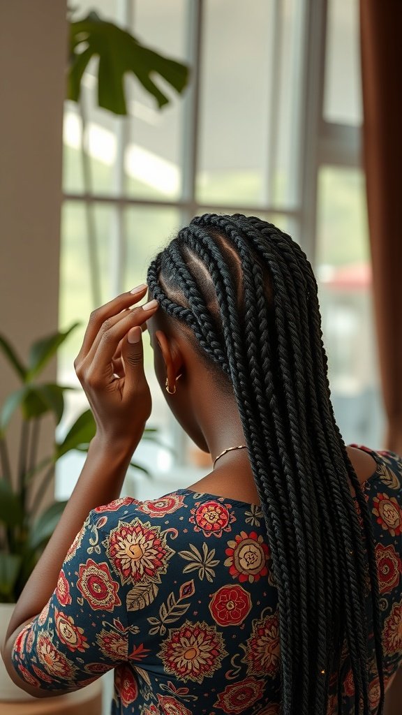 A woman with large boho knotless braids, showcasing a stylish hairstyle with a floral patterned top.