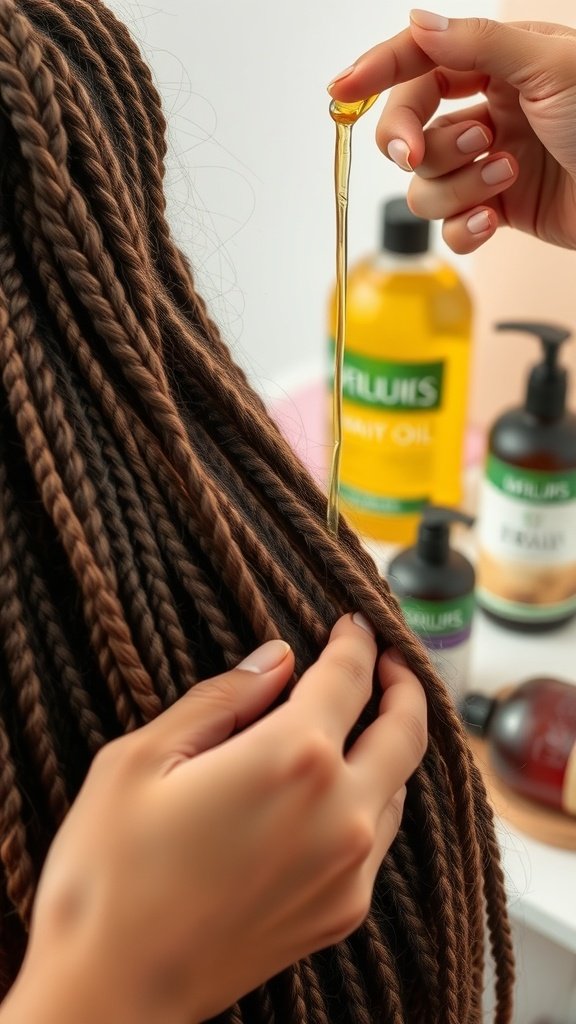 A close-up of brown knotless braids with oil being applied, surrounded by hair care products.