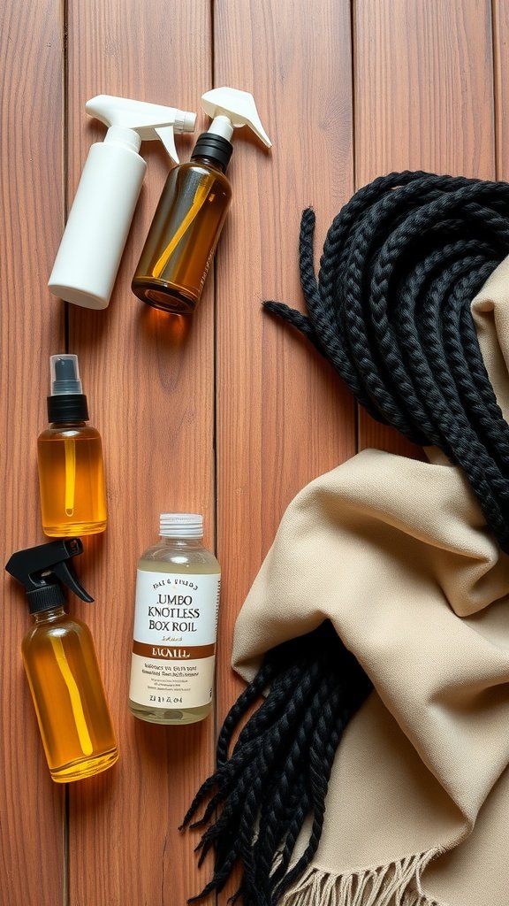 Image of hair care products for maintaining jumbo knotless box braids, including spray bottles and a bottle of oil.