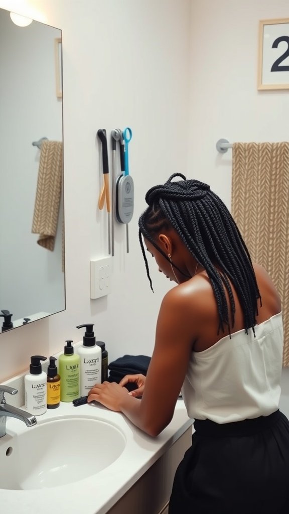 A person maintaining jumbo knotless box braids in a bathroom setting with hair care products.