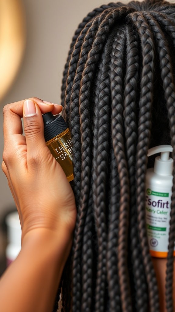A close-up of large knotless box braids with a hand applying oil to the scalp.