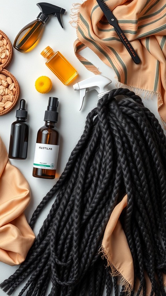 A collection of hair care products and beautiful knotless box braids laid out on a surface.