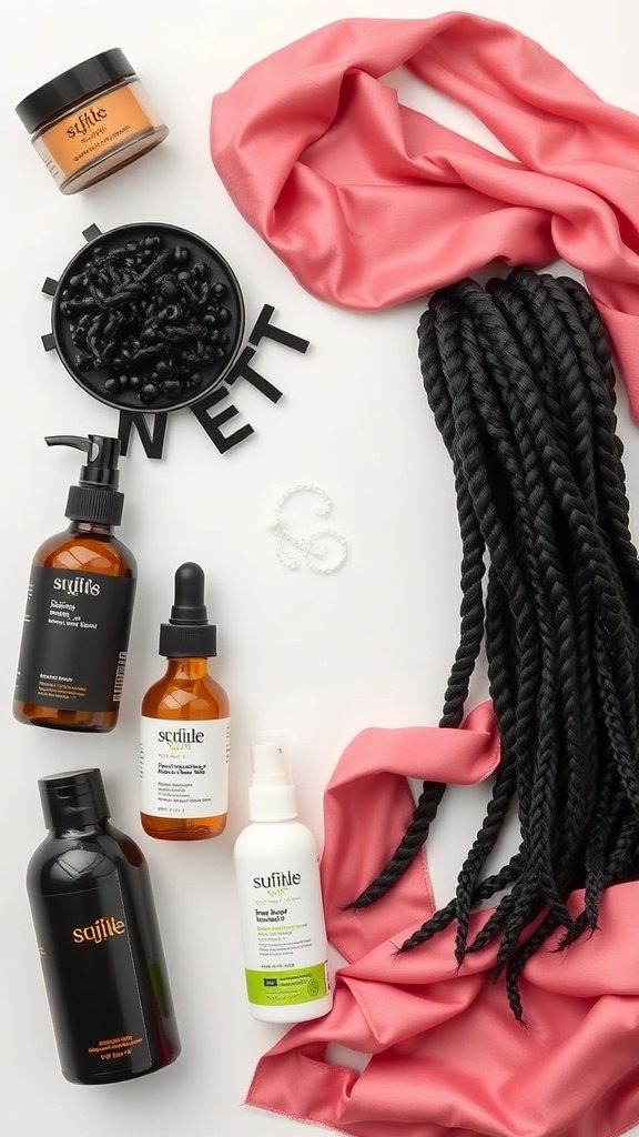 An arrangement of hair care products and accessories for maintaining small knotless box braids.