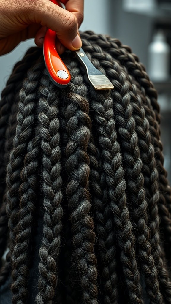 Close-up of large knotless braids being styled with a tool
