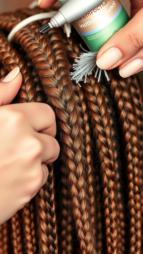 A close-up of honey brown knotless braids being maintained with a product.