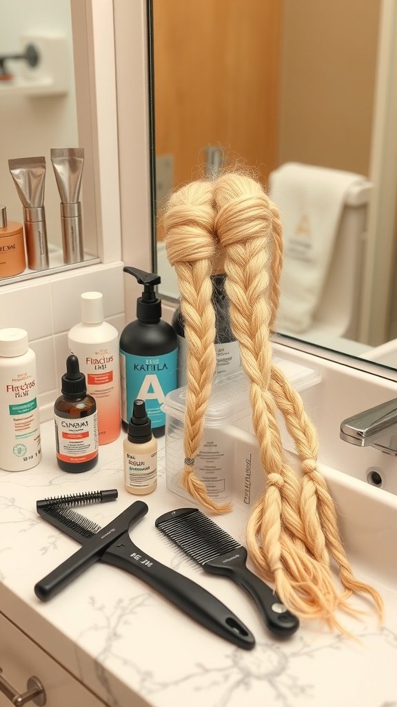 A bathroom counter with blonde knotless braids and various hair care products.