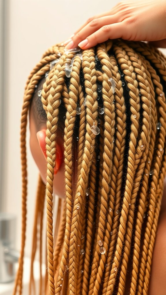 A close-up of blonde knotless box braids being washed, showing the importance of hair maintenance.