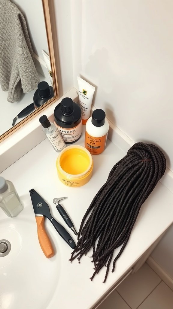 A bathroom counter with hair care products and tools for maintaining long knotless box braids.