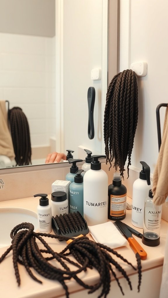 A bathroom counter with hair care products and long knotless box braids hanging.
