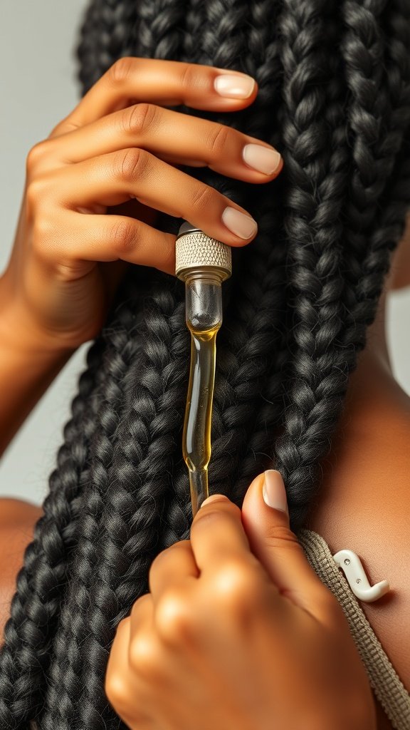 A close-up of a hand applying oil to long knotless braids, showcasing hair care.