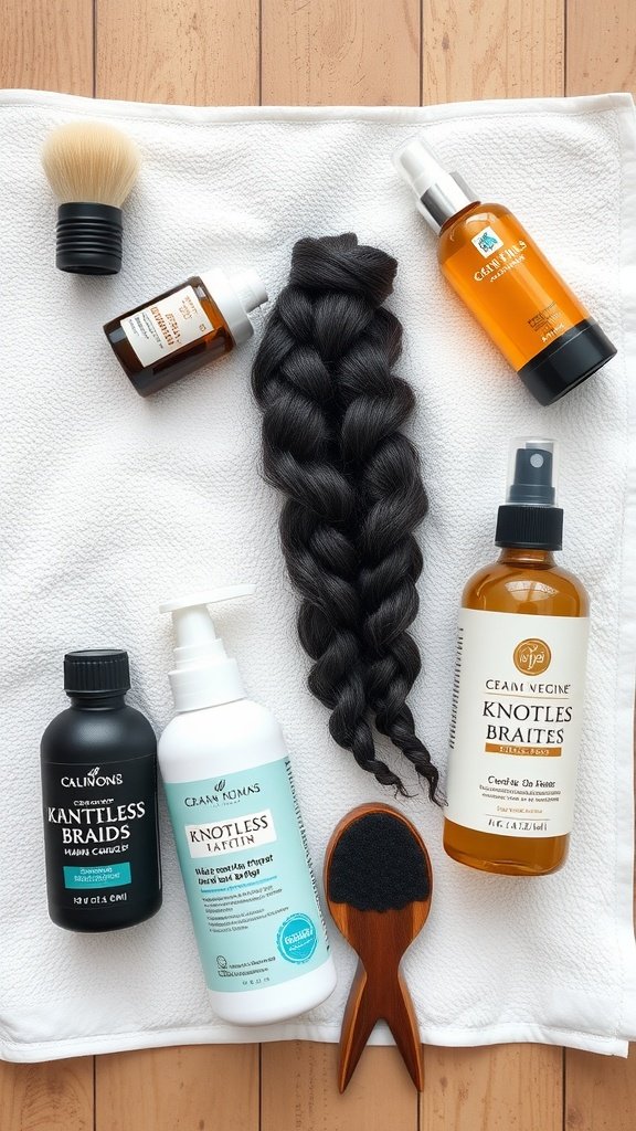 A collection of hair care products for maintaining boho knotless braids, including oils, conditioners, and a brush.