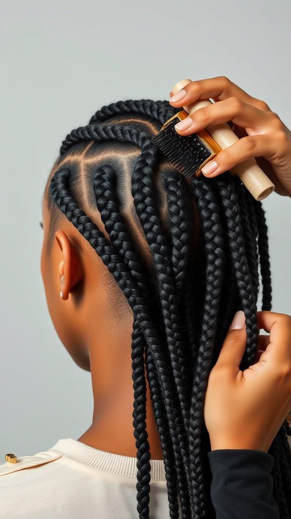 A close-up of a person getting their boho knotless braids styled, showcasing neat sections and a focus on maintenance.